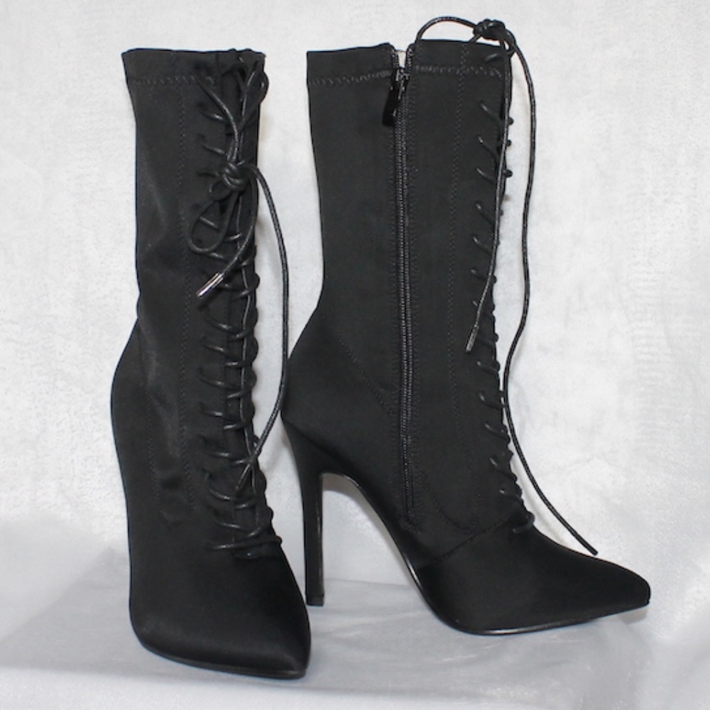 Black Lace-Up Heeled Calf Boot